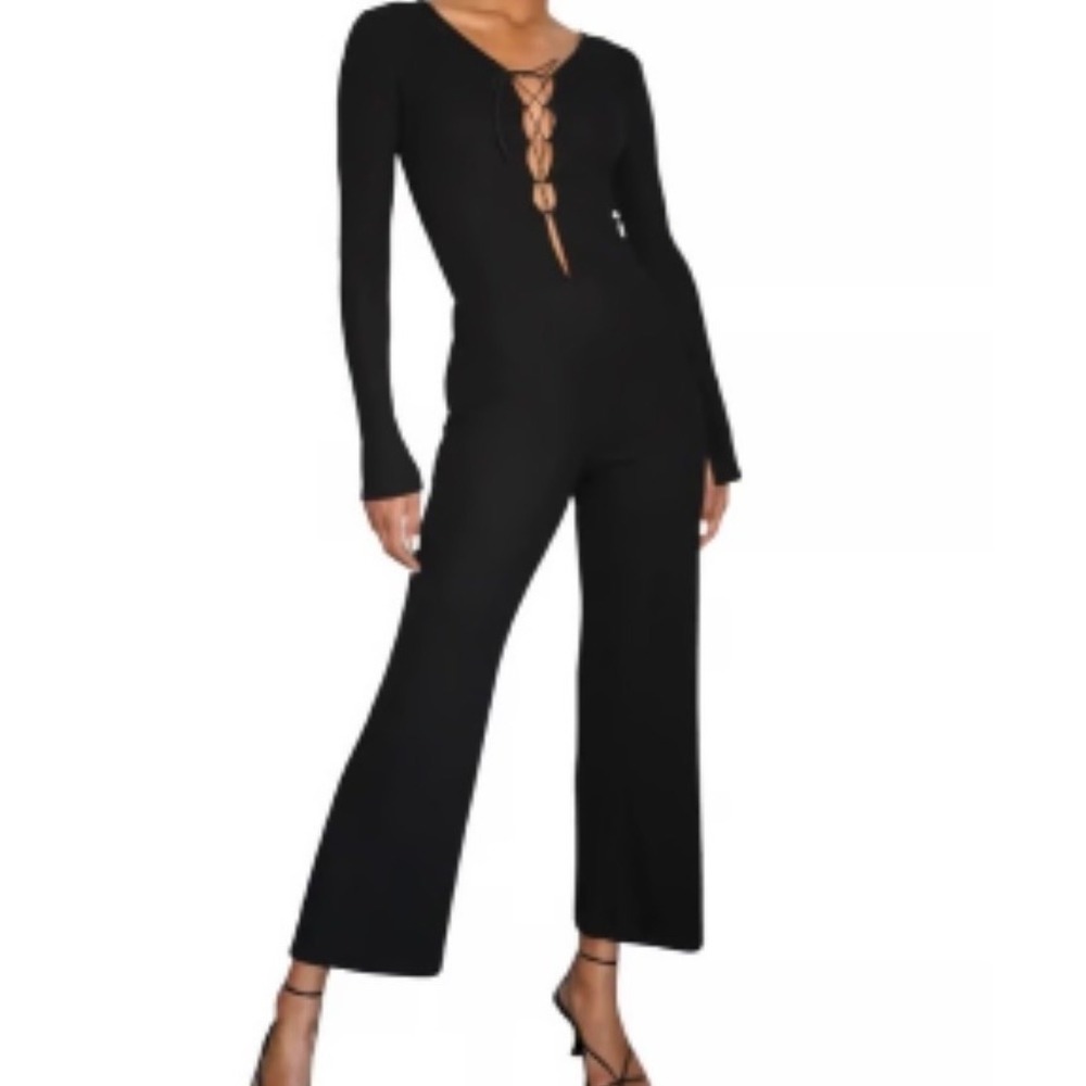 LNA Kalaya Rib Black Jumpsuit Womens 1X Lace Up Wide Leg Revolve Long Sleeved